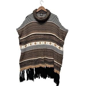 Womens One Size Striped Fringed Poncho Shawl Festival Boho Western Cowgirl Kafta